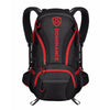 50 L, stylish black and red backpack with extra pockets.