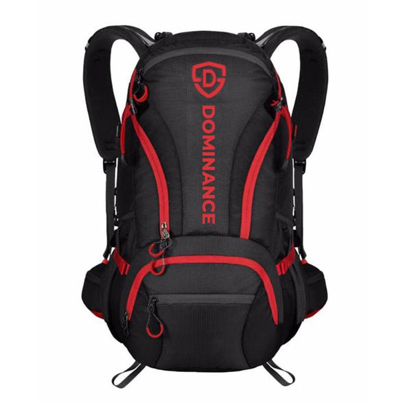 50 L, stylish black and red backpack with extra pockets.