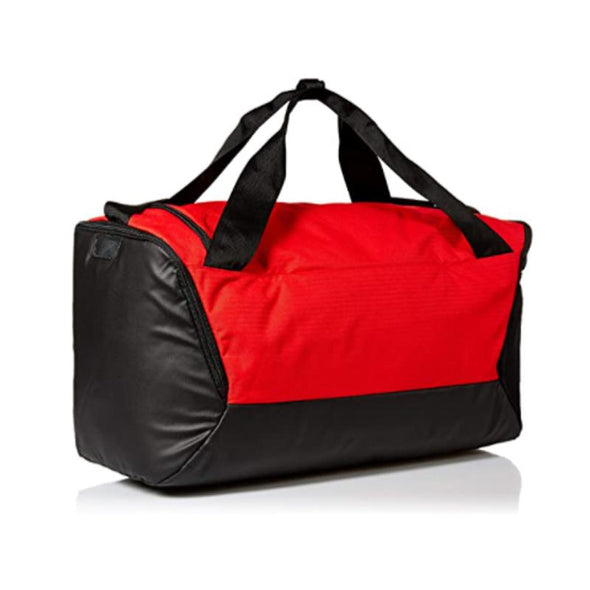 Spacious red and black colored gym bag/duffle bag with extra shoe pocket.