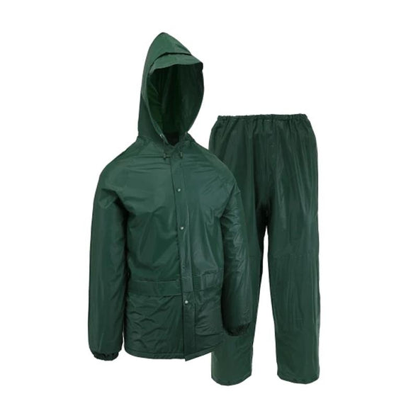 Green colored two piece rain suit with cap