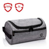 Grey colored, waterproof, hanging toiletry bag with inner and outer pockets.