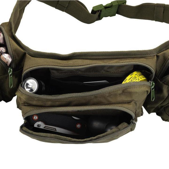 Green colored, 6 pocket waist bag. Spacious and comfortable to wear.